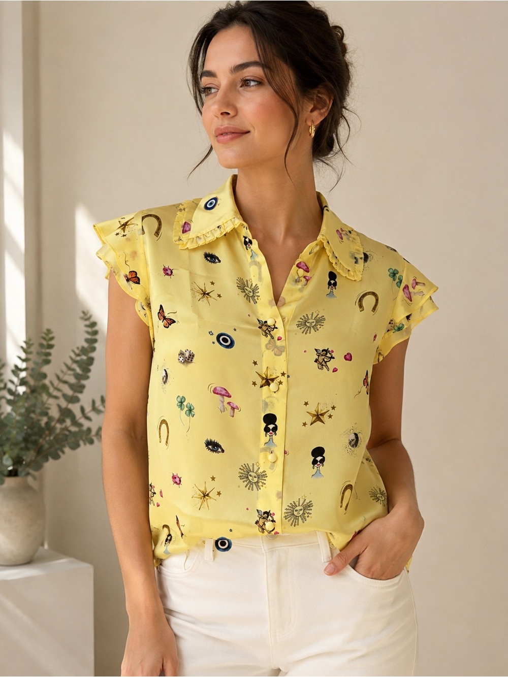 NWT ALICE +OLIVIA yellow Novelty Print Ruffle Collar Blouse Top SIZE M